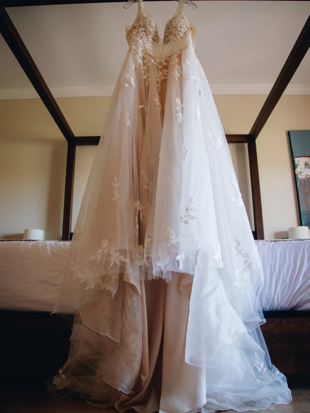 Ethereal Lace Appliqué Tulle Gown in Ivory and moscato
